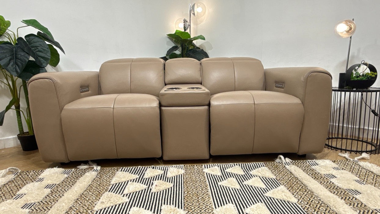 Sofology Riviera Leather 2 Seater Console Power Recliner/Headrest in Trusty Embossed Mushroom