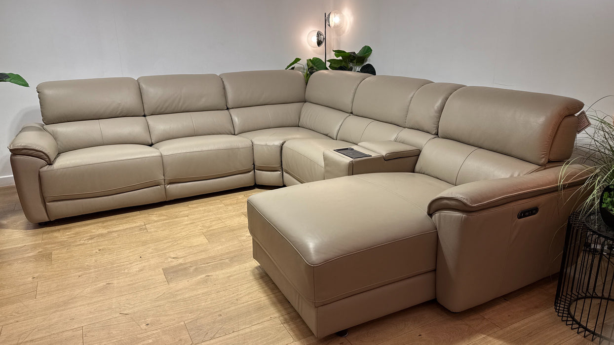Sofology Hugo Leather 3 Corner Console 3 Power Chaise Power Recliner/Headrest in Trusty Embossed  Stone