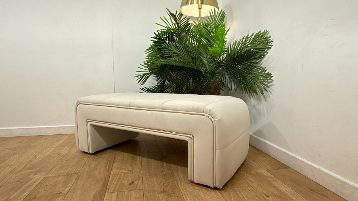 Sofology Oscar Fabric Small Bench Footstool Gold Trim in Super Matt Velvet Ecru