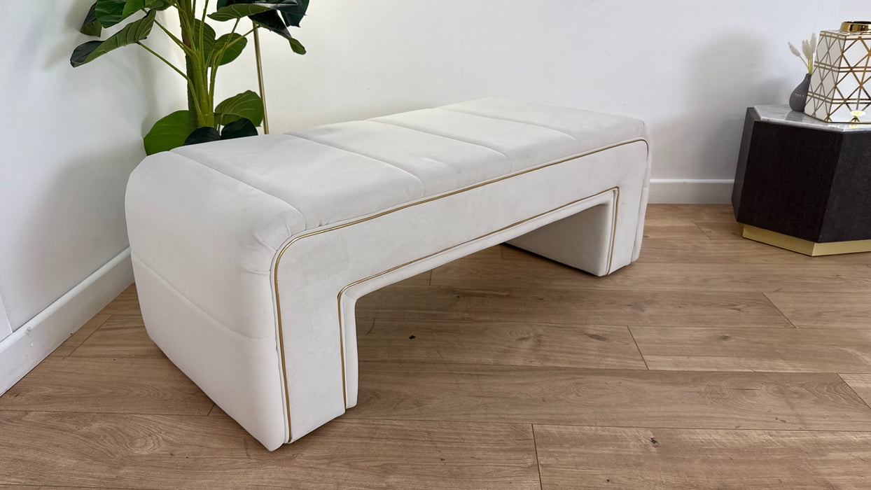 Sofology the Oscar Fabric Small Bench Footstool Gold Trim in Super Matt Velvet Ecru