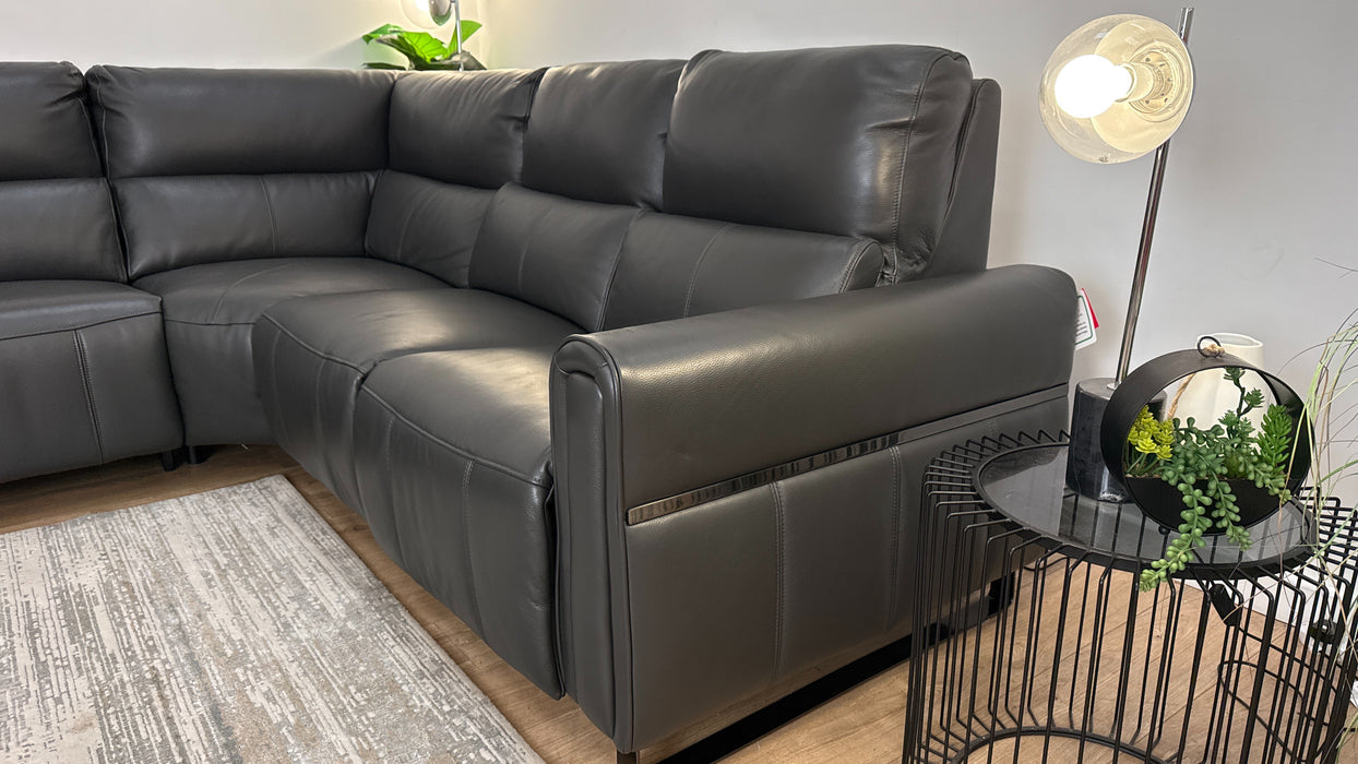 Sofology The Ravello Leather 1 Corner 2 Power Recliner/Headrest Lumbar + Armless Unit Power Recliner Support in Trusty Embossed Charcoal