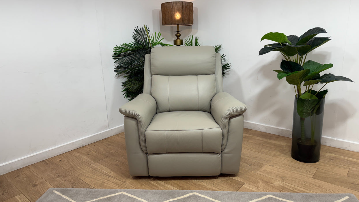 Sofology Bradie Leather Chair Power Recliner/Headrest in Trusty Embossed Light Grey