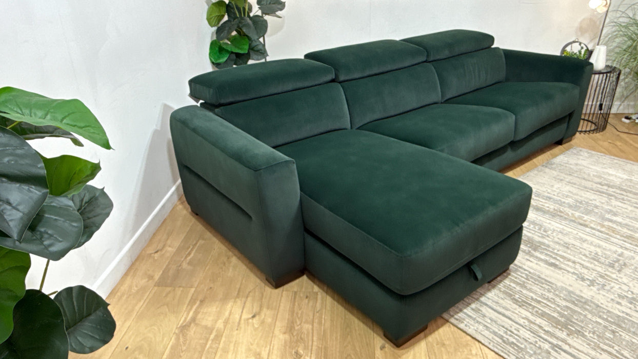 Sofology Metropolitan Fabric Chaise 4 Seater Sofa Bed with Storage in Lifestyle Mottled Dark Green