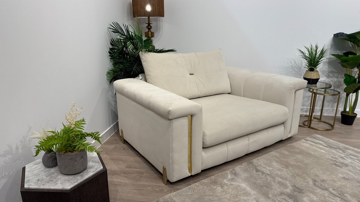 Sofology Oscar Fabric Loveseat Gold Trim in Super Matt Velvet Ecru Mix