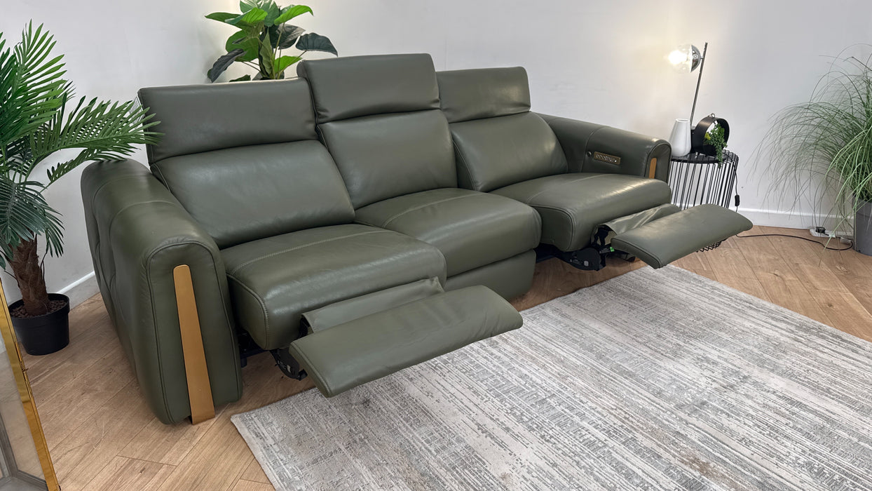 Sofology Kingsbridge Leather 3 Seater Power Recliner/Headrest Heated Seat in Trusty Embossed Dark Olive