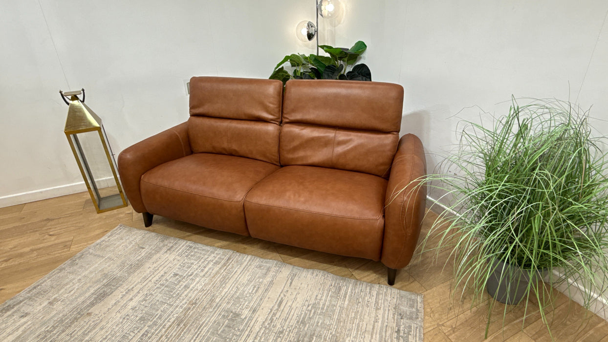 Sofology Larsen Fabric 3 Seater Asymmetrical Power Recliner/Headrest in Relaxed Soft Leather Tan