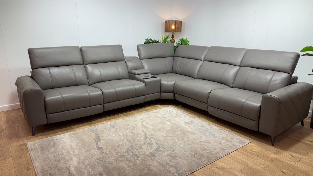 Sofology Allure Leather 3 Corner 3 Smart Console Power Recliner/Headrest Heated Seats Lumbar Support Speakers Trusty Embossed Elephant