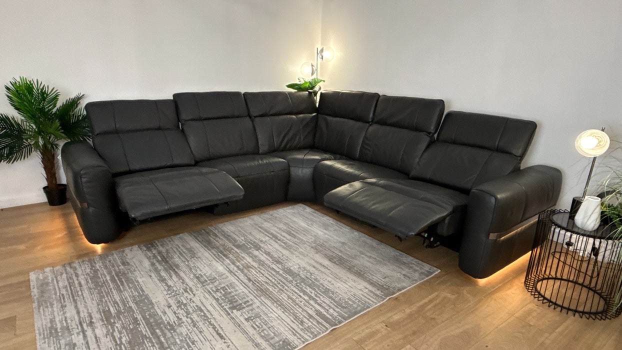 Sofology Lumiere Leather 3 Corner 3 Power Recliner/Headrest Heated Seat in Trusty Embossed Charcoal