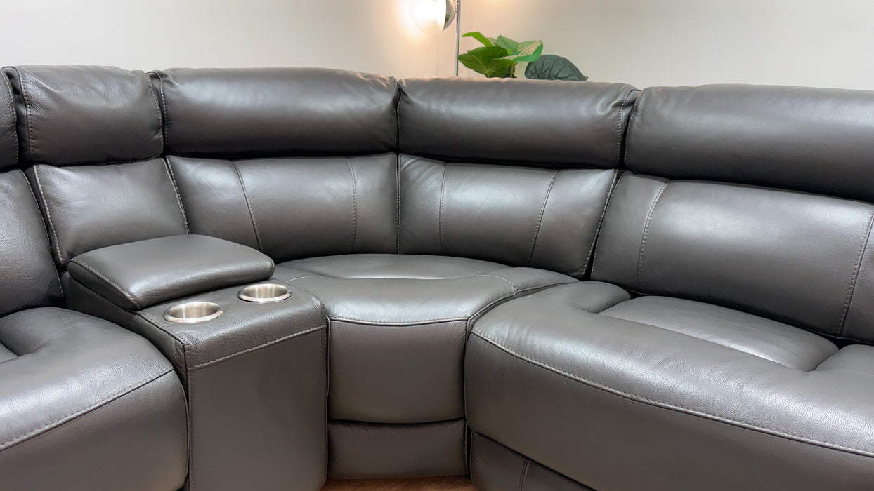 Sofology Radleigh Leather 1.5 Corner 2.5 Console Triple Power Recliner/Headrest in Trusty Soft Sheen Charcoal