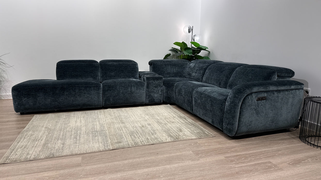 Sofology Drift Fabric Chaise 3 Console Corner 3 Power Recliner/Headrest in Luxury Textured Chenille Lagoon
