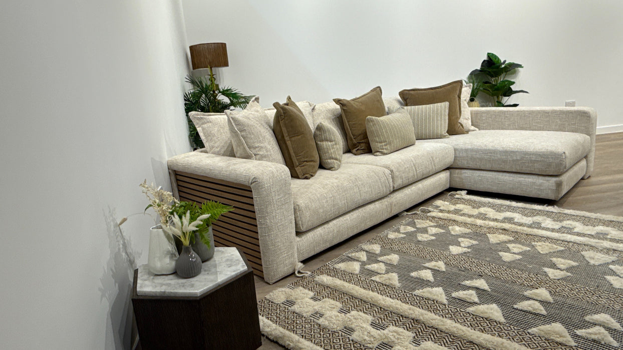 Sofology Cove Fabric Grande Chaise Light Wood Panel in Artisan Chenille Ecru Mix