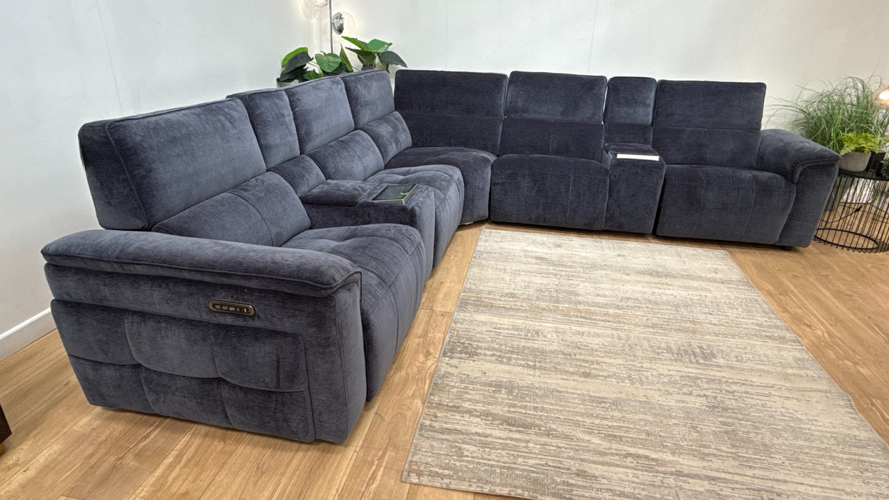 Sofology 3 Console Corner 3 Power Recliner/Headrest Heated Seats Lumbar Support in Montreal Denim