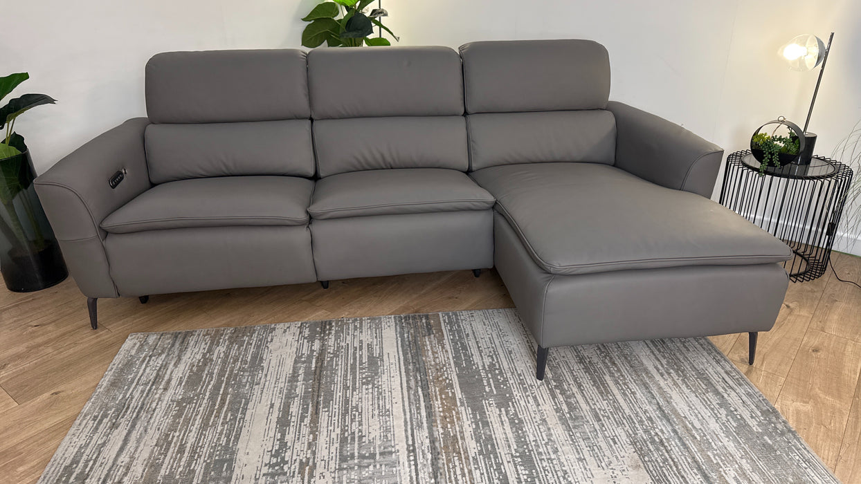 Sofology The Viento Leather 3 Seater Chaise Power Recliner/Headrest Lumbar Support Heated Seats in Trusty Super Matt Storm Grey
