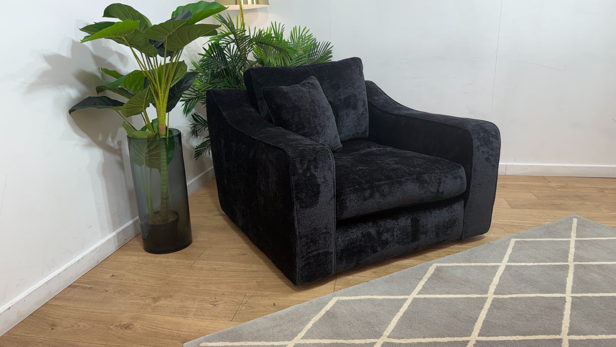 Sofology Bellagio Accent Chair Reversible Feather Flex Seat in Chunky Luxe Chenille Ebony