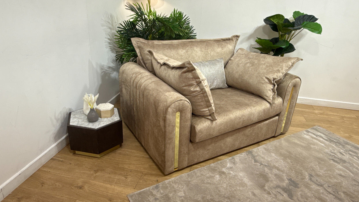 Sofology Savoy Fabric Loveseat Gold Trim in Lifestyle Dapple Fabric Caramel Mix