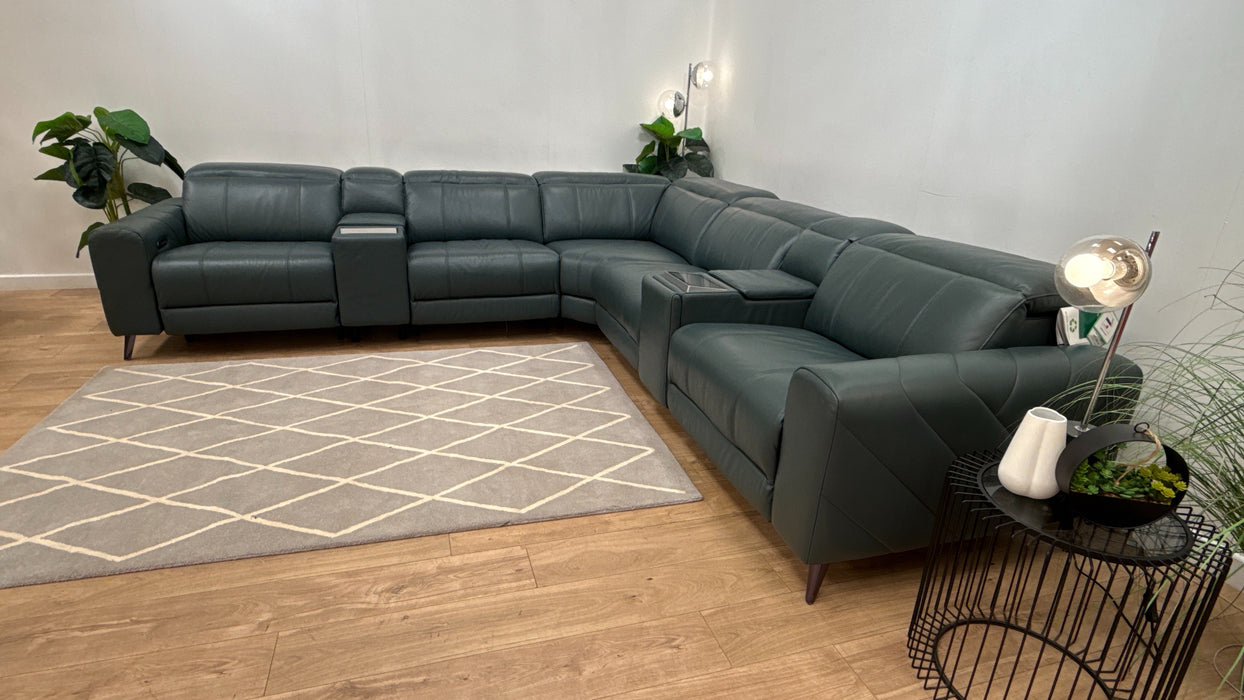 Sofology Allure Leather 3 Screen Console Corner Screen Console 3 Power Recliner/Headrest Heated Seats Lumbar Support Speakers in Trusty Embossed Peacock