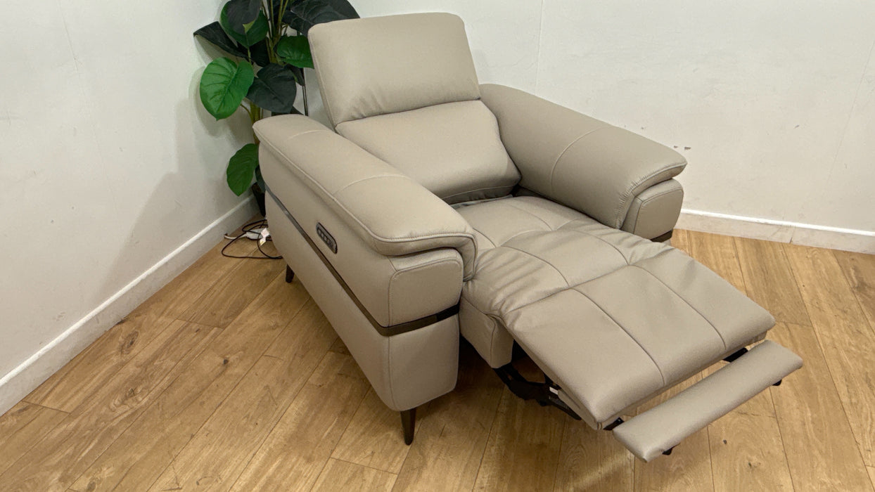 Sofology Milan Leather Chair Power Recliner/Headrests Lumbar Support in Trusty Embossed Light Grey