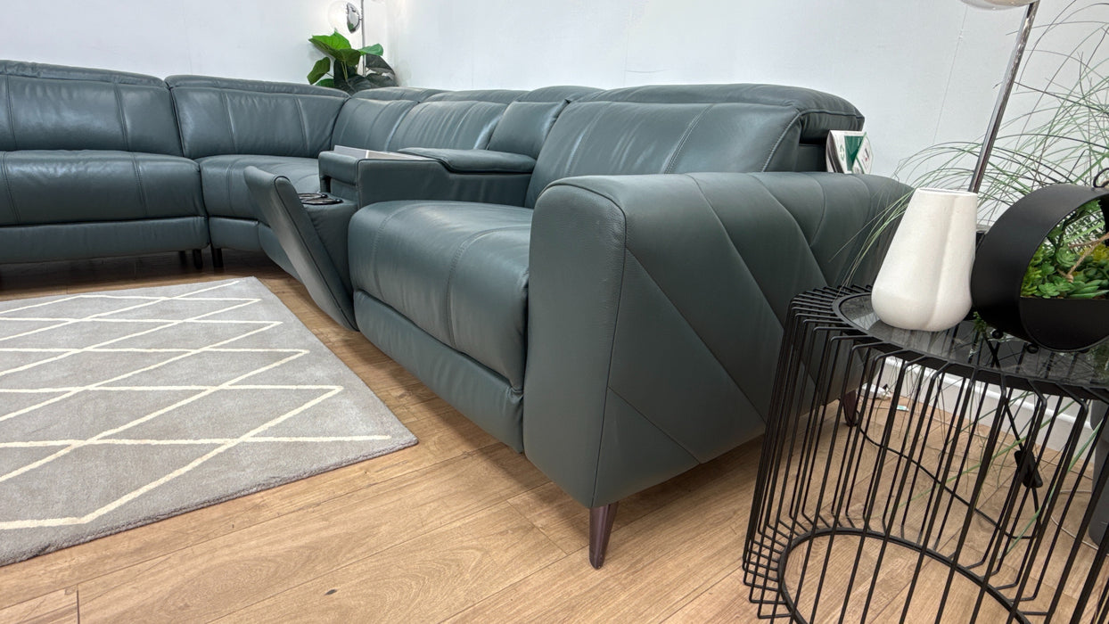 Sofology Allure Leather 3 Screen Console Corner Screen Console 3 Power Recliner/Headrest Heated Seats Lumbar Support Speakers in Trusty Embossed Peacock
