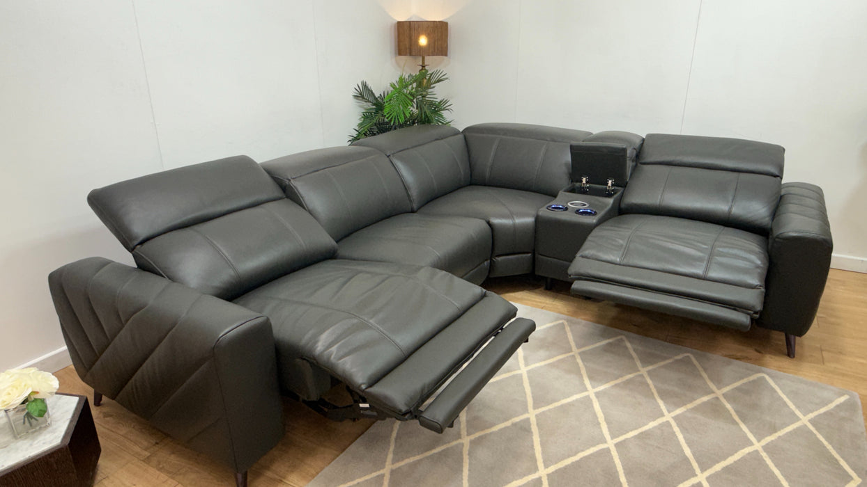 Sofology Allure Leather 3 Corner Smart Console 1.5 Power Recliner/Headrest Heated Seats Lumbar Support Speakers Trusty Embossed Charcoal