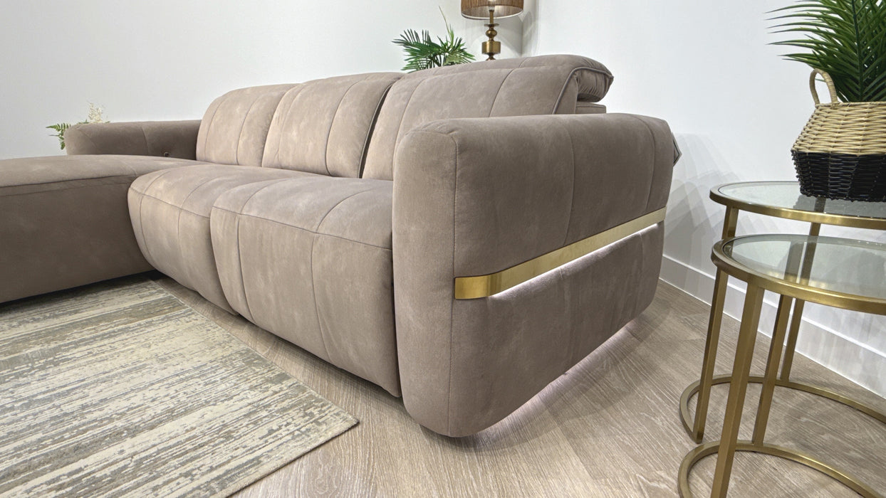 Sofology Lumiere Fabric Chaise 4 Seater Power Recliner/Headrest Gold Trim in Lifestyle Flecked Nutmeg