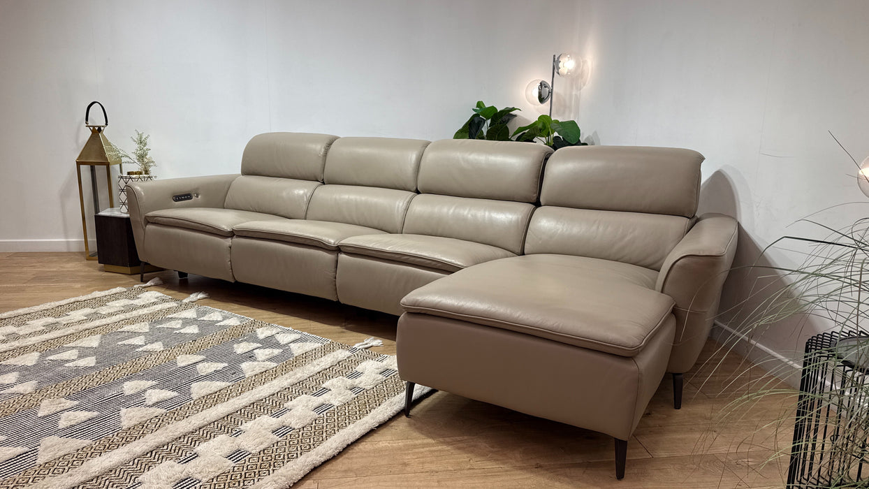 Sofology Viento Leather 4 Seater Chaise Console Power Recliner/Headrest Heated Seat Lumbar in Trusty Embossed Stone