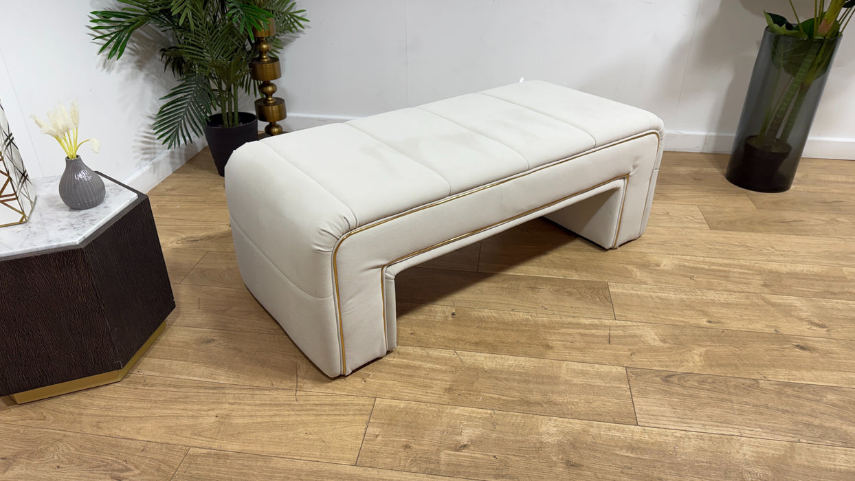 Sofology Oscar Fabric Small Bench Footstool Gold Trim in Super Matt Velvet Ecru