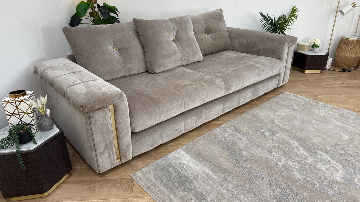 Sofology The Oscar Fabric 4 Seater Gold Trim in Fine Textured Chenille Stone Mix