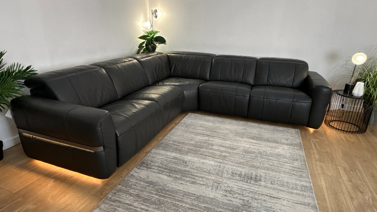 Sofology Lumiere Leather 3 Corner 3 Power Recliner/Headrest Heated Seat in Trusty Embossed Charcoal