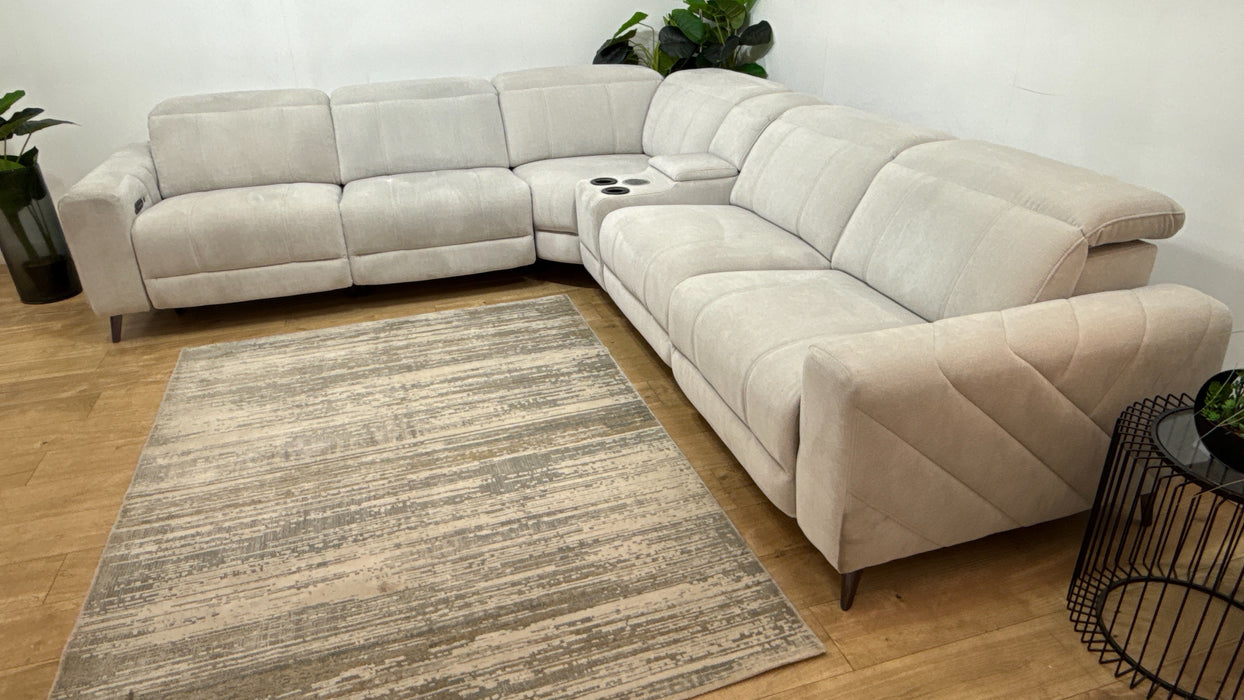 Sofology Allure Fabric 1.5 Smart Console Corner 3 Power Recliner/Headrest Heated Seats Lumbar Support in Relaxed Chenille Stone