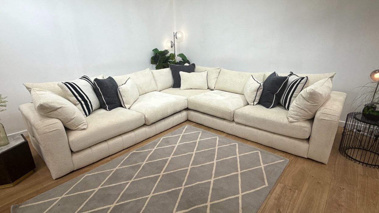Sofology Westwood Fabric 3 Corner 3 Gold Trim in Teddy Chenille Ivory Mix