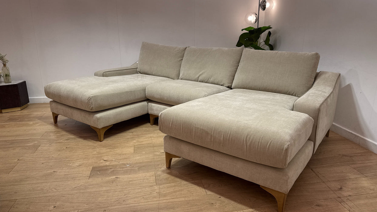 Sofology Wildwood Fabric 4 Seater Double Chaise with Footstool in Vintage Chenille Natural Contrast Piping Mix
