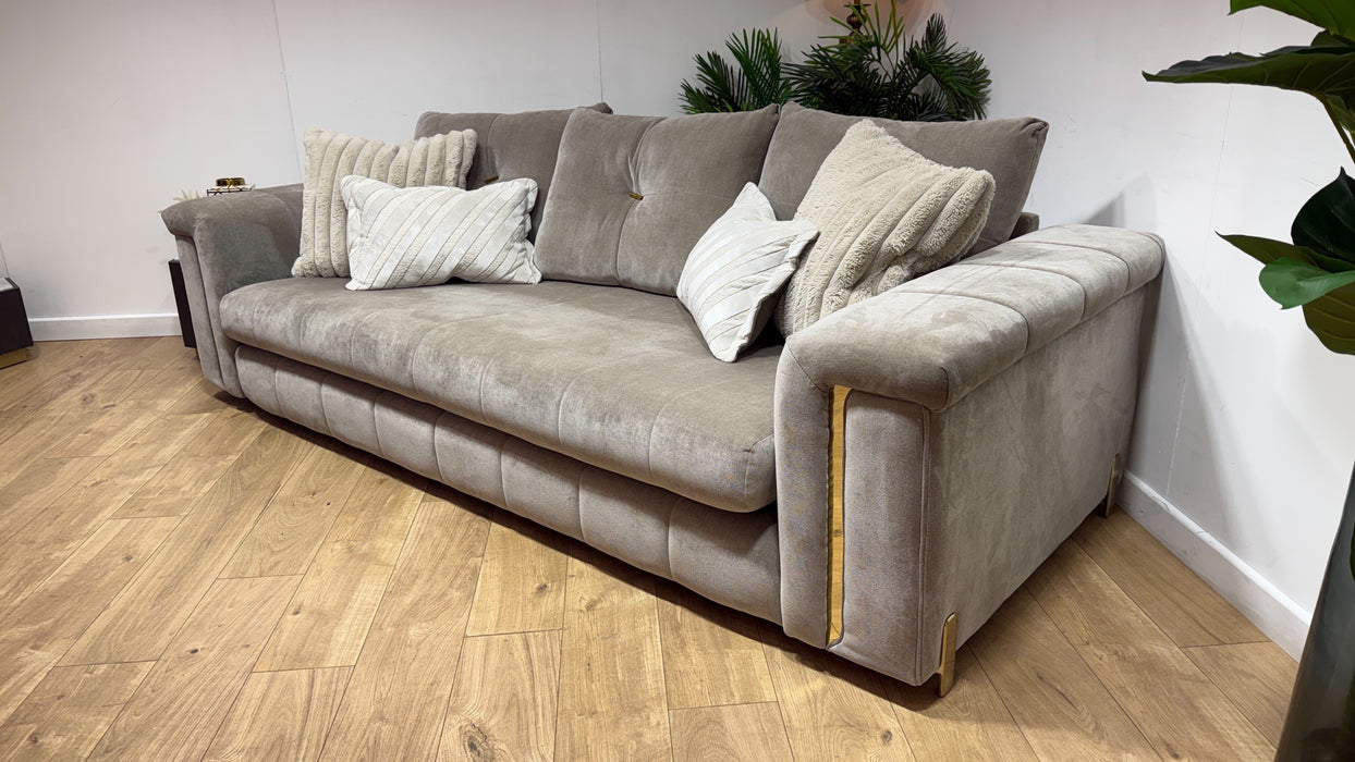 Sofology Oscar Fabric 4 Seater Gold Trim in Fine Textured Chenille Stone Mix