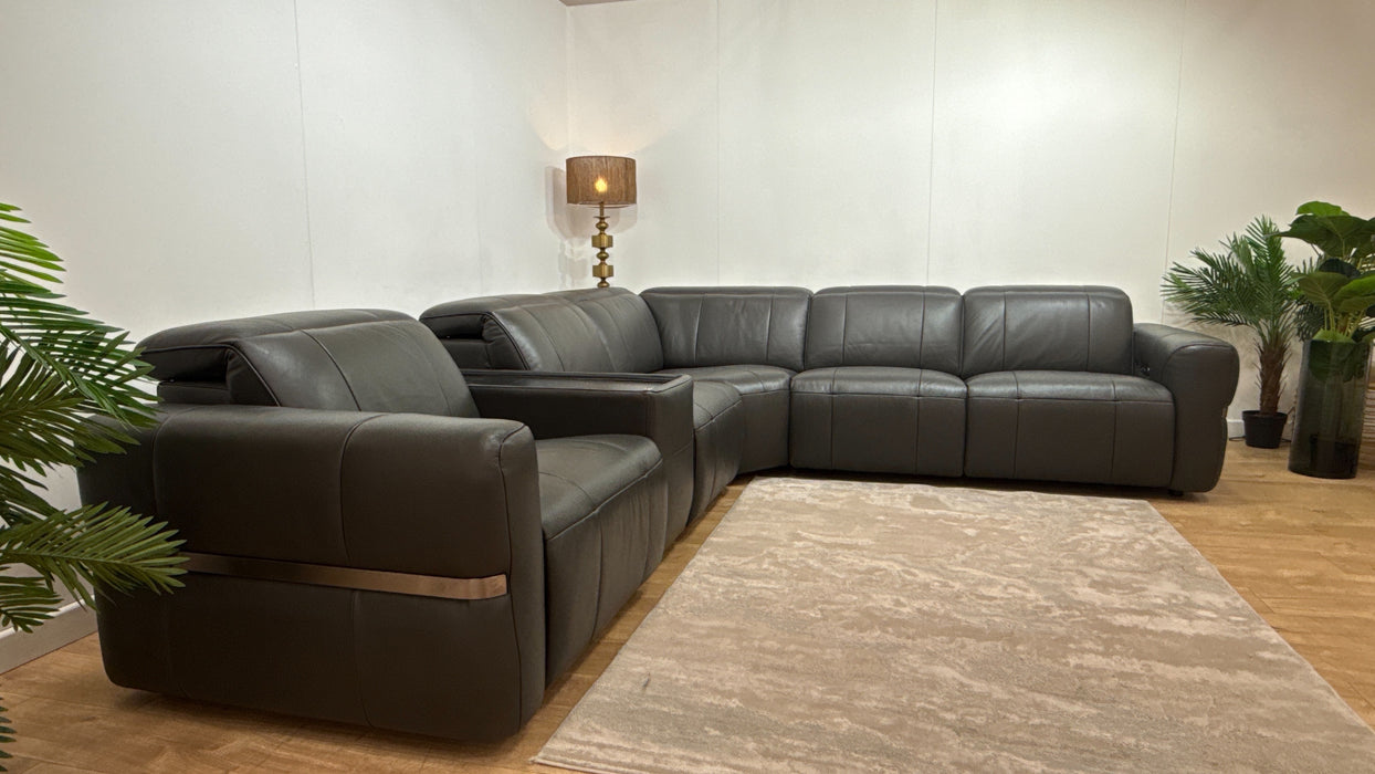 Sofology Lumiere Leather 3 Console Corner 3 Power Recliner/Headrest in Trusty Embossed Charcoal