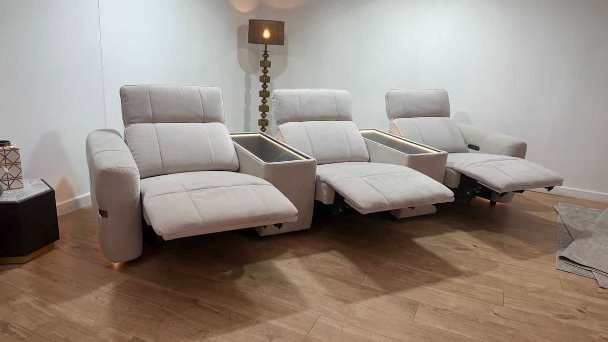 Sofology Lumiere Fabric 3 Seater Cinema Console Power Recliner/Headrest Gold Trim in Relaxed Chenille Cotton