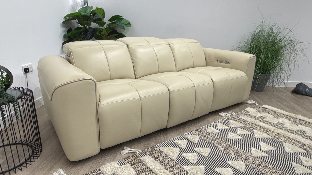 Sofology Riviera 3 Seater Leather Power Recliner + Power Headrest & Heated Seats in Trusty Embossed Bone China