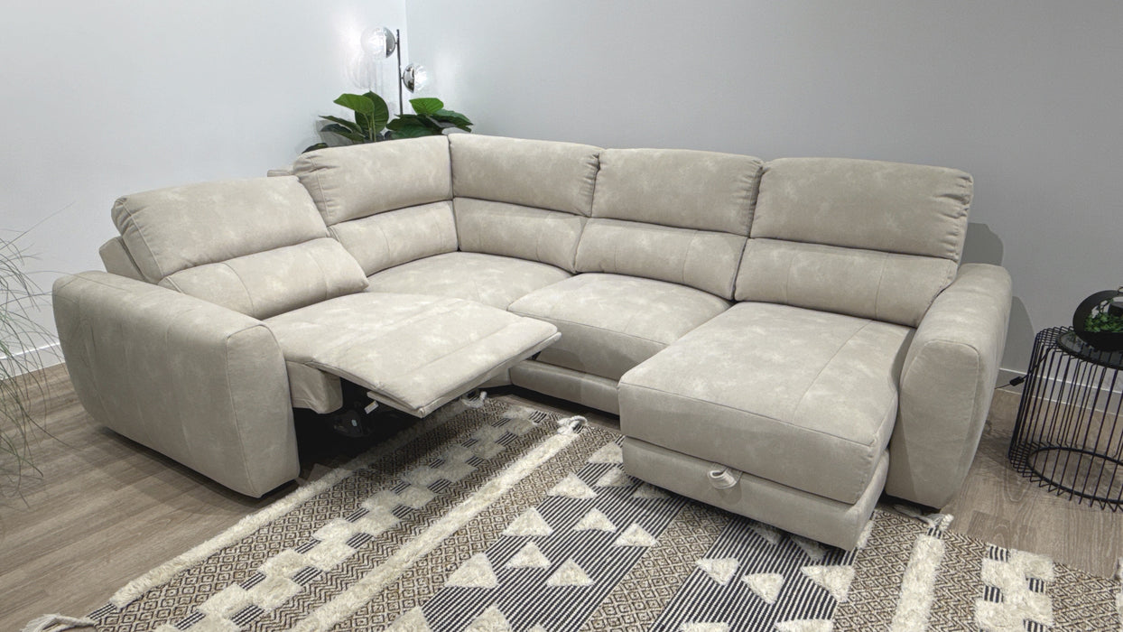 Sofology Portofino Fabric 1.5 Corner 3 Chaise Power Recliner/Headrest Chaise Storage in Lifestyle Flecked Ivory
