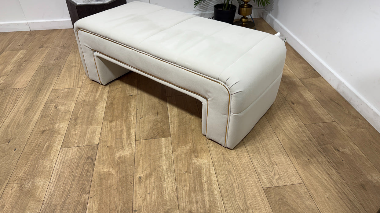 Sofology Oscar Fabric Small Bench Footstool Gold Trim in Super Matt Velvet Ecru