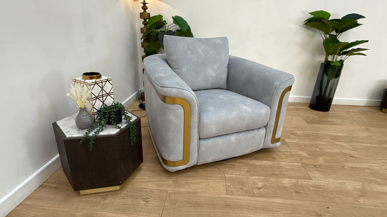 Sofology Plaza Fabric Swivel Chair Gold Trim in Lifestyle Flecked Silver
