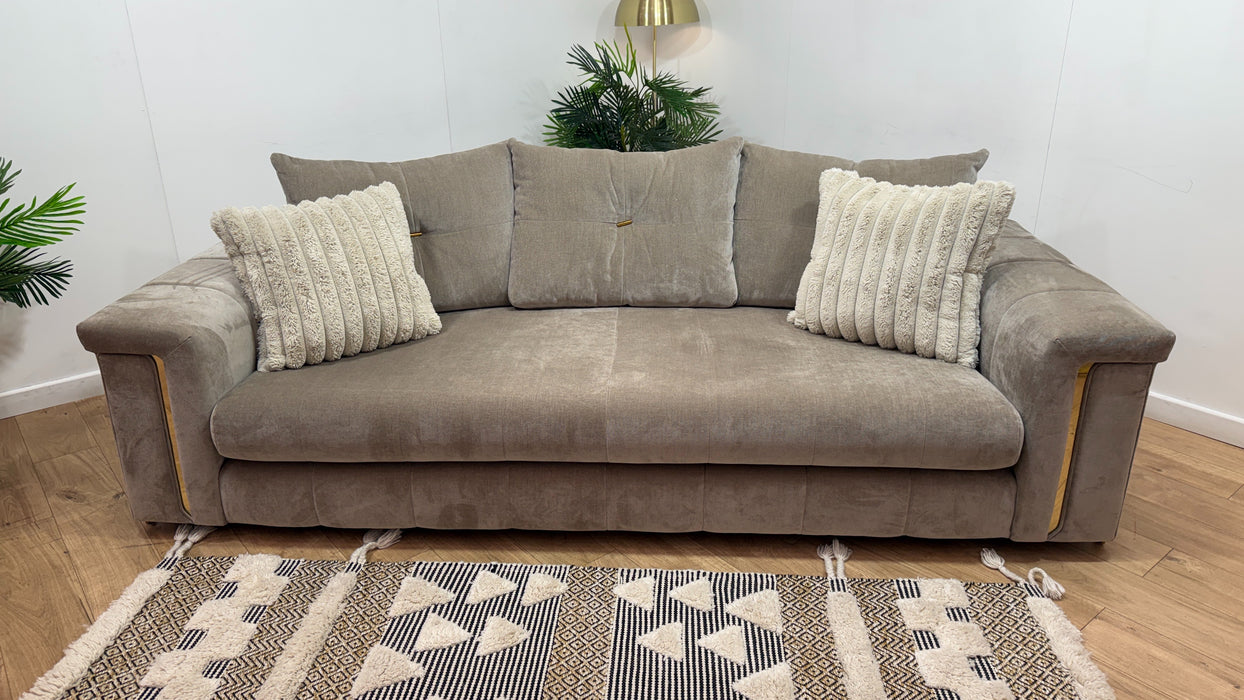 Sofology Oscar Fabric 4 Seater Gold Trim in Fine Textured Chenille Stone Mix