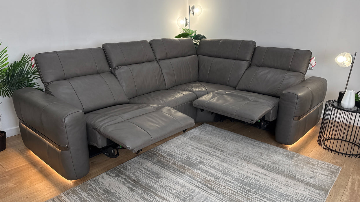 Sofology Lumiere Leather 3 Corner 1.5 Power Recliner/Headrest Heated Seat in Trusty Embossed Grey