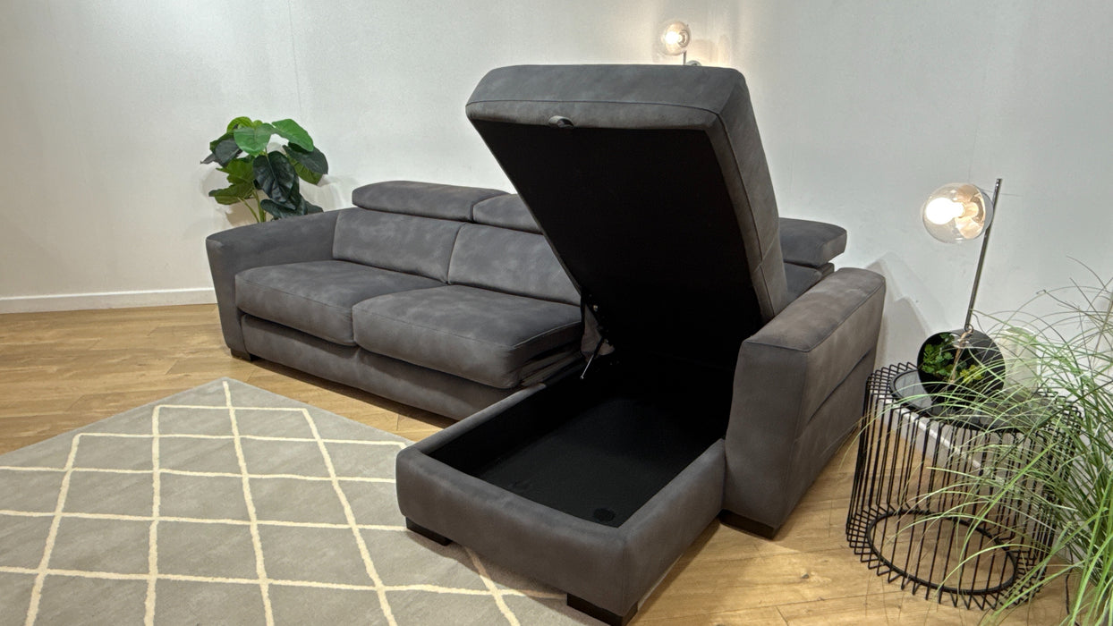 Sofology Metropolitan Fabric 4 Seater Chaise Sofa Bed with Storage in Lifestyle Mottled Charcoal