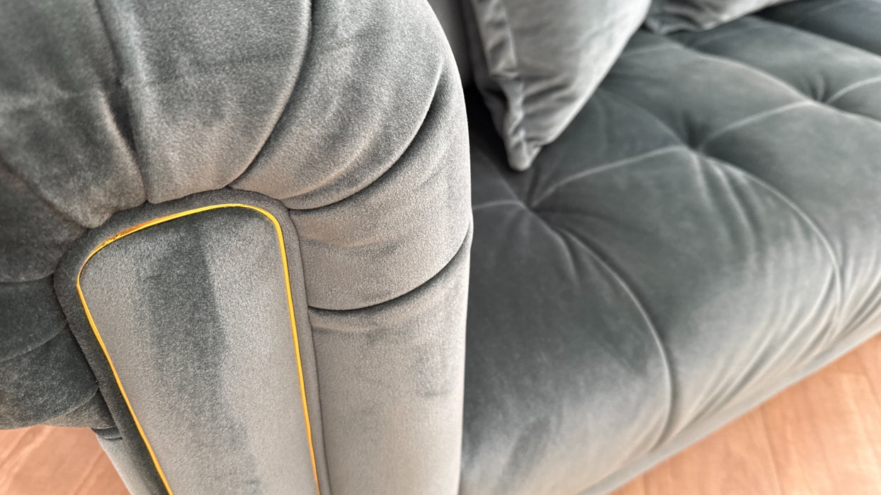 Sofology Midsummer Fabric 4 Seater Split Gold Trim in Day Teal Mix