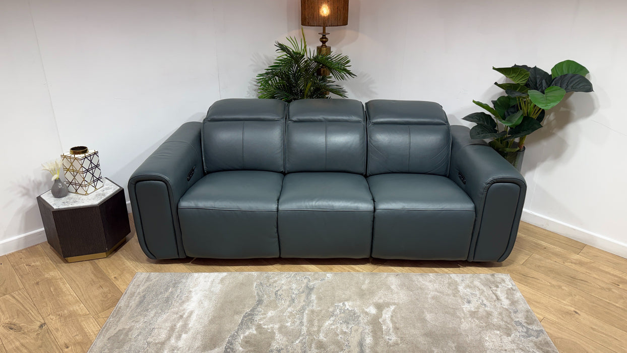 Sofology Premiere Leather 3 Seater Power Recliner/Headrest in Trusty Embossed Peacock