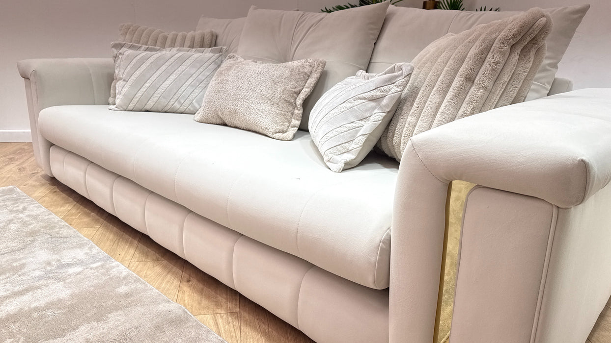 Sofology Oscar Fabric 4 Seater Gold Trim in Super Matt Velvet Ecru Mix