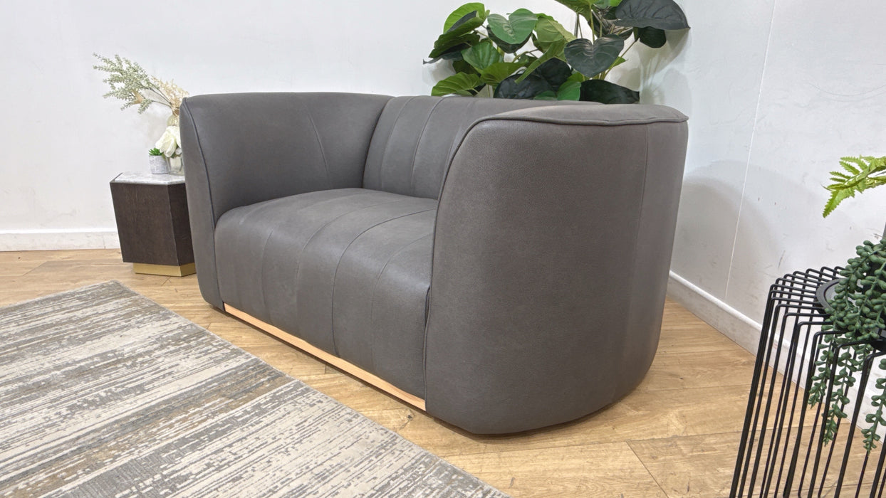 Sofology Fitzrovia Leather Loveseat in Relaxed Natural Grain Charcoal Mix With Light WoodTrim