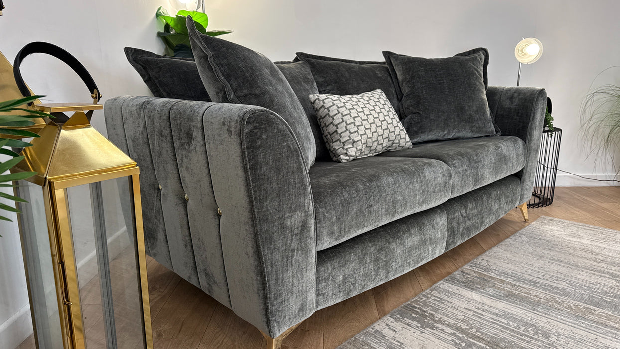 Sofology Luella Fabric 3 Seater Gold Buttons in Luxe Chenille Alpine Green Mix