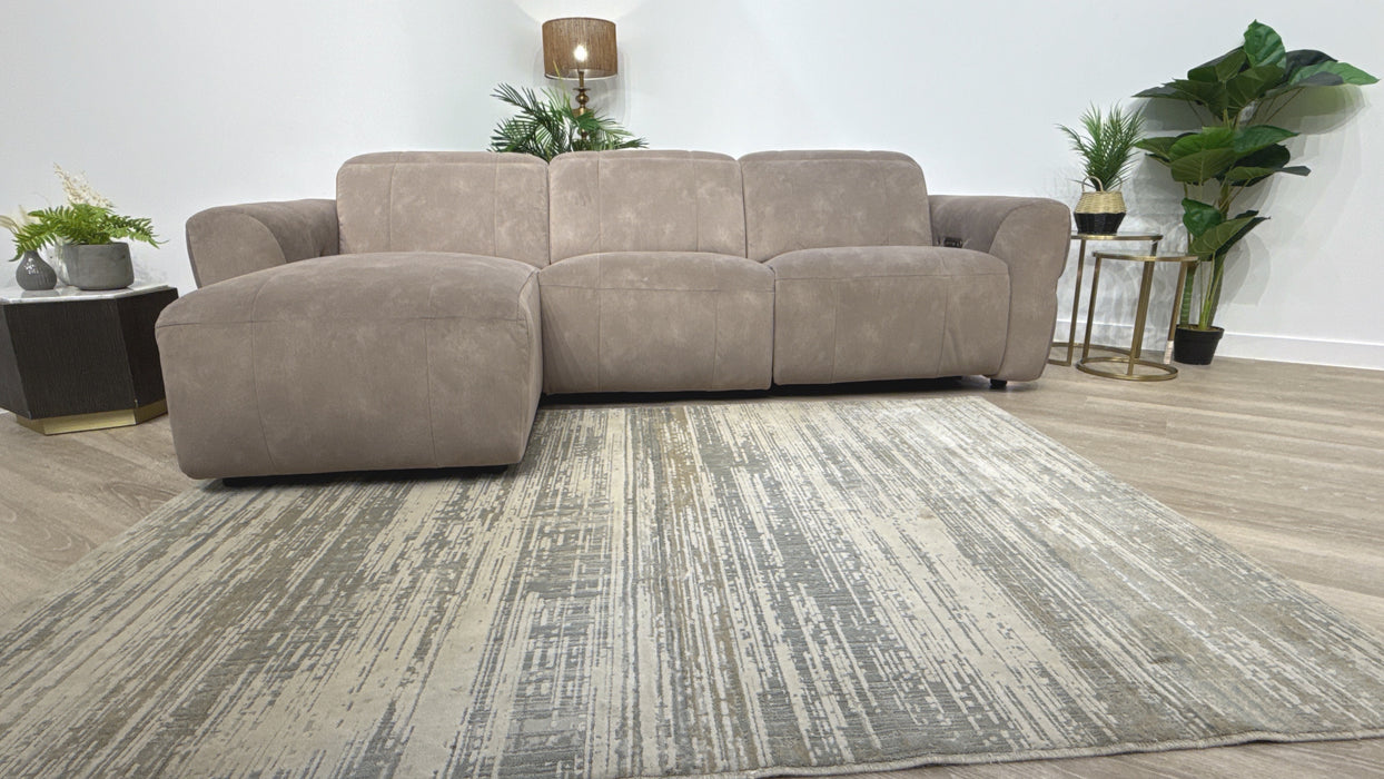 Sofology Lumiere Fabric Chaise 4 Seater Power Recliner/Headrest Gold Trim in Lifestyle Flecked Nutmeg
