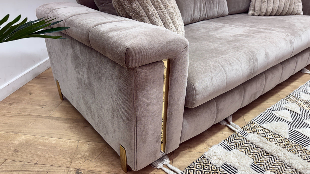Sofology Oscar Fabric 4 Seater Gold Trim in Fine Textured Chenille Stone Mix