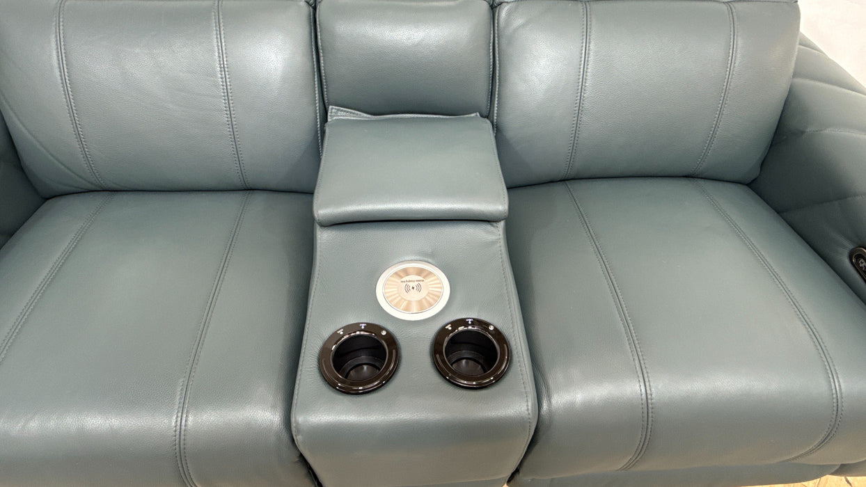 Sofology Allure Leather 2 Seater Smart Console Power Recliner/Headrest in Trusty Embossed Peacock