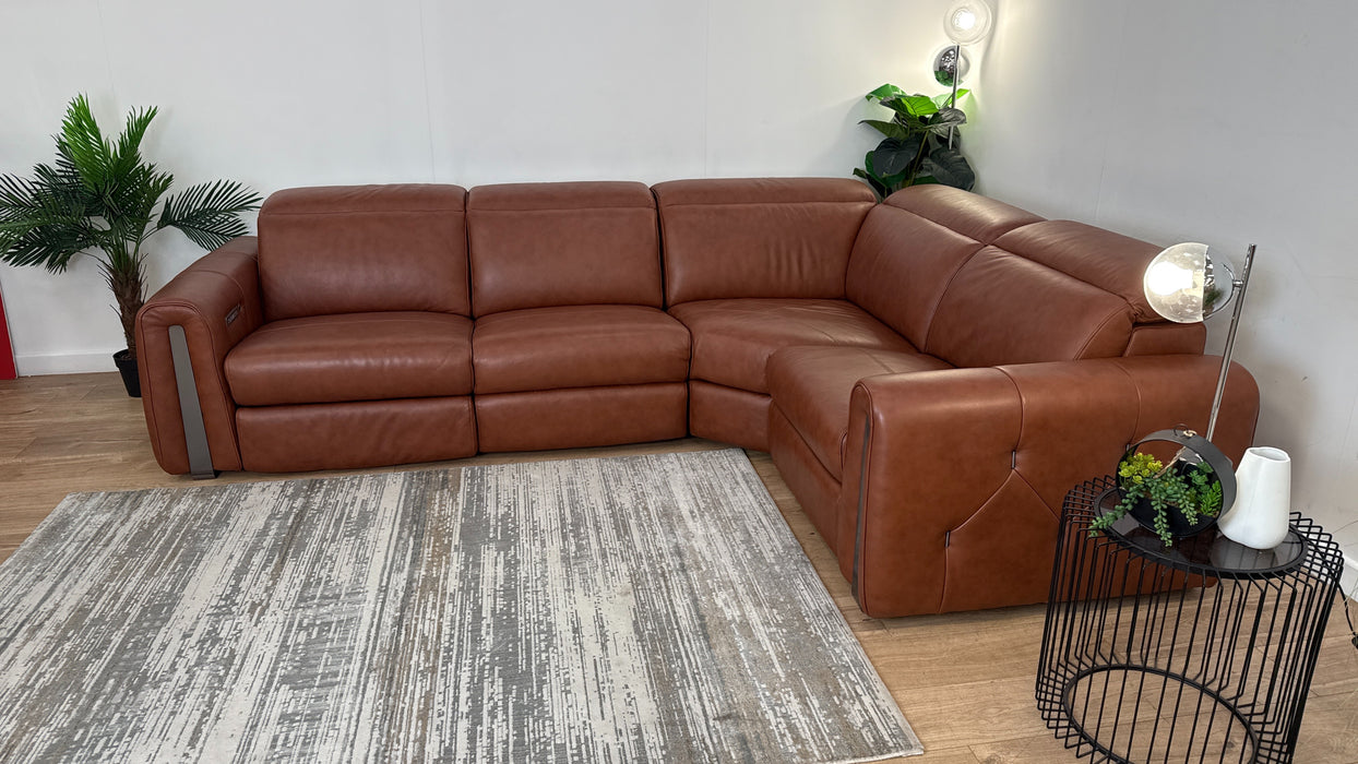 Sofology Kingsbridge Leather 3 Corner 1.5 Power Recliner/Headrest Heated Seat in Trusty Embossed Cognac